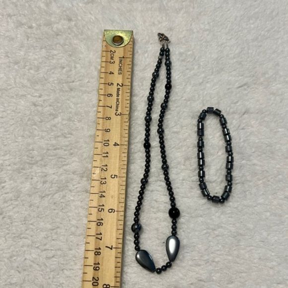 Gun Metal Tone Bead Necklace & Elastic Bracelet Set Lobster Claw Clasp 15 inch - Picture 7 of 7